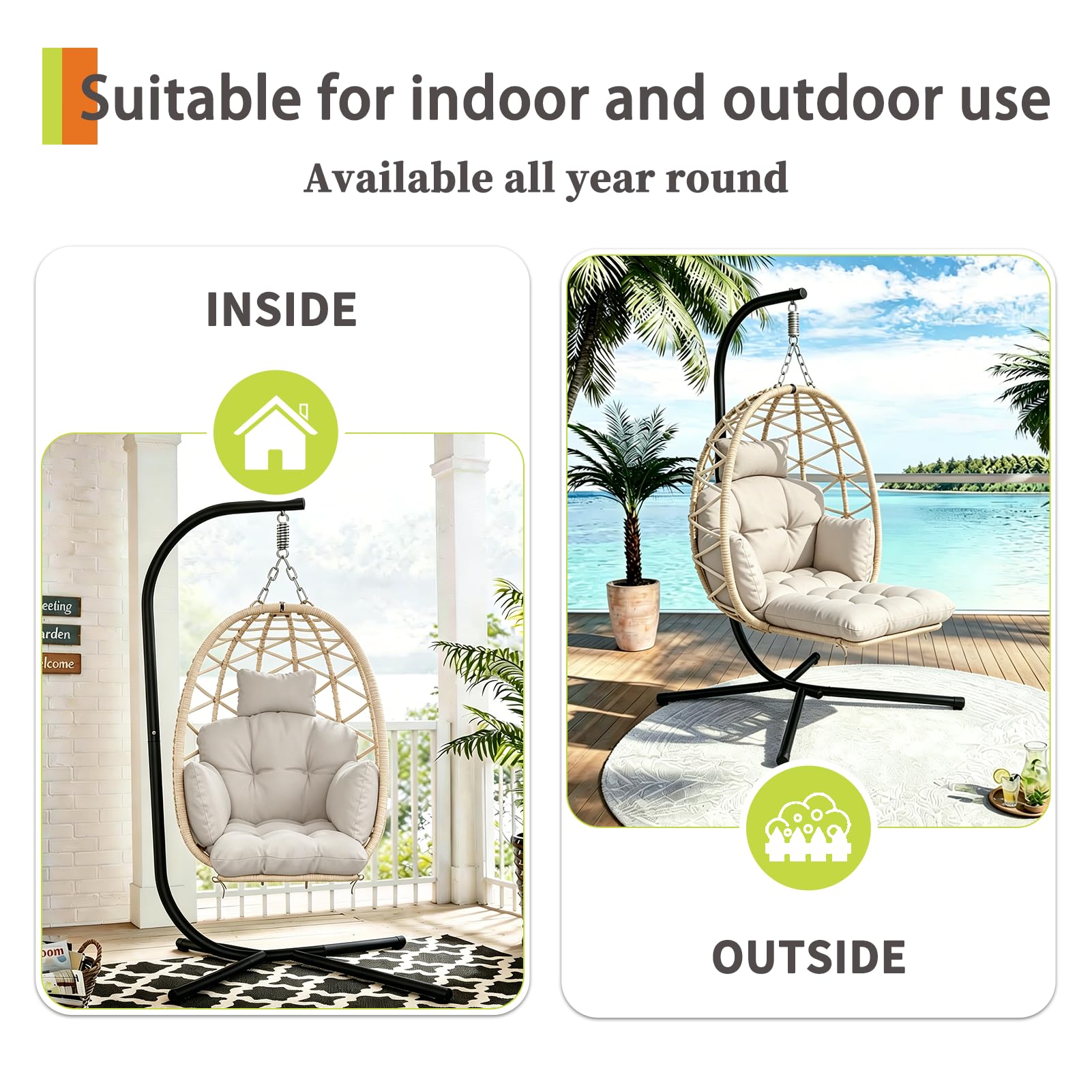 Hängesessel mit Gestell, Hängekorb Sessel mit Fußablage und Dicke Kissen, Outdoor oder Indoor Rattan Hängesessel, Möbel für Garten, Balkon, Wohnzimmer, Belastbar bis 150kg (Gray)