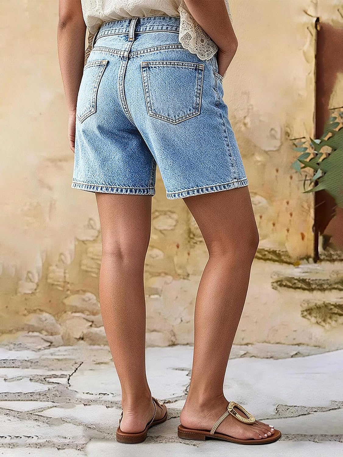 Flamingals Mid Waist Mid Thigh Length Denim Shorts for Women Washed Decor Front Casual Summer Jean Shorts with Pockets