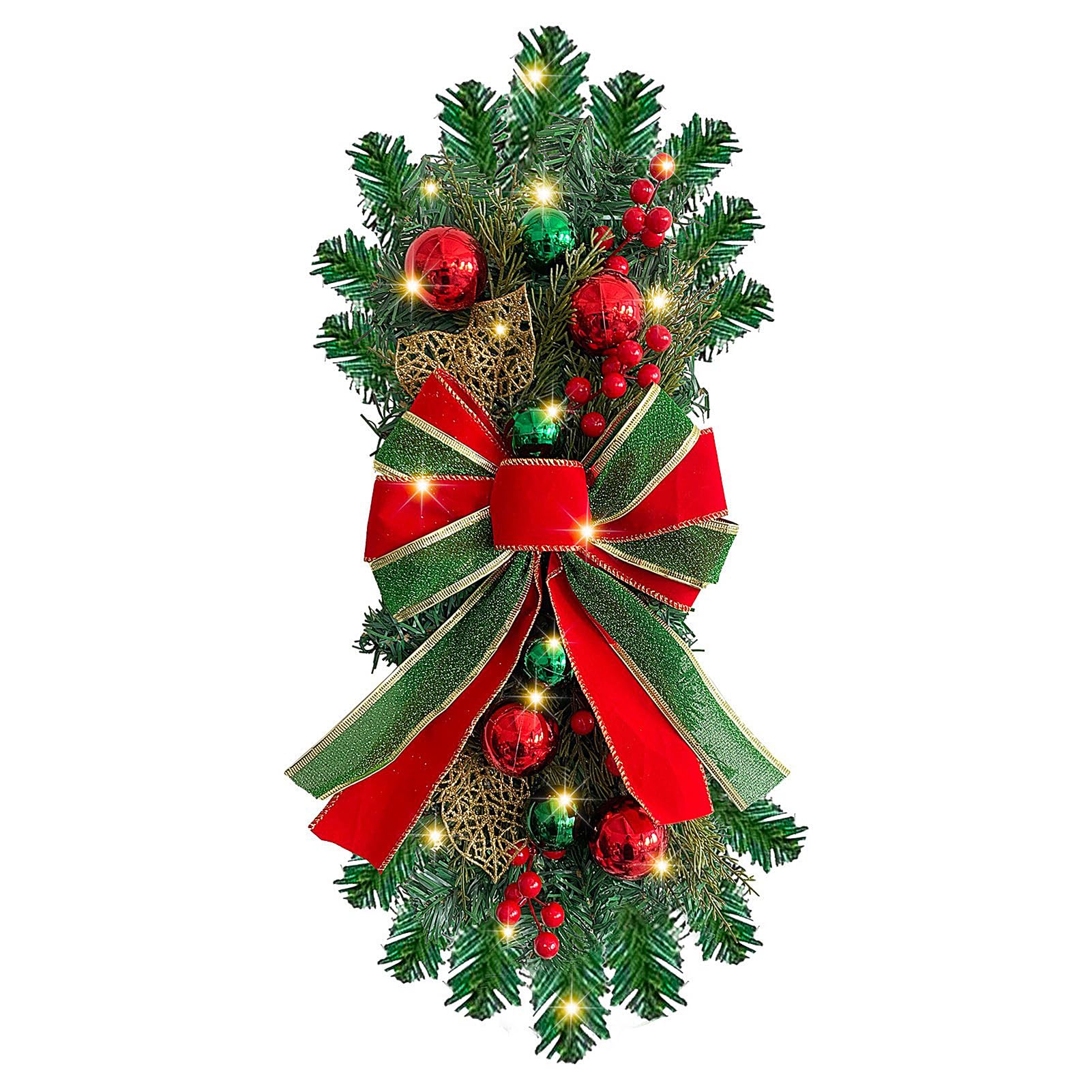 Tanant Christmas Staircase Swags Prelit Xmas Stairway Wreaths Red Bow Garland Artificial Christmas Teardrop Swags for Front Door Xmas Wreaths and Garlands for Home Window