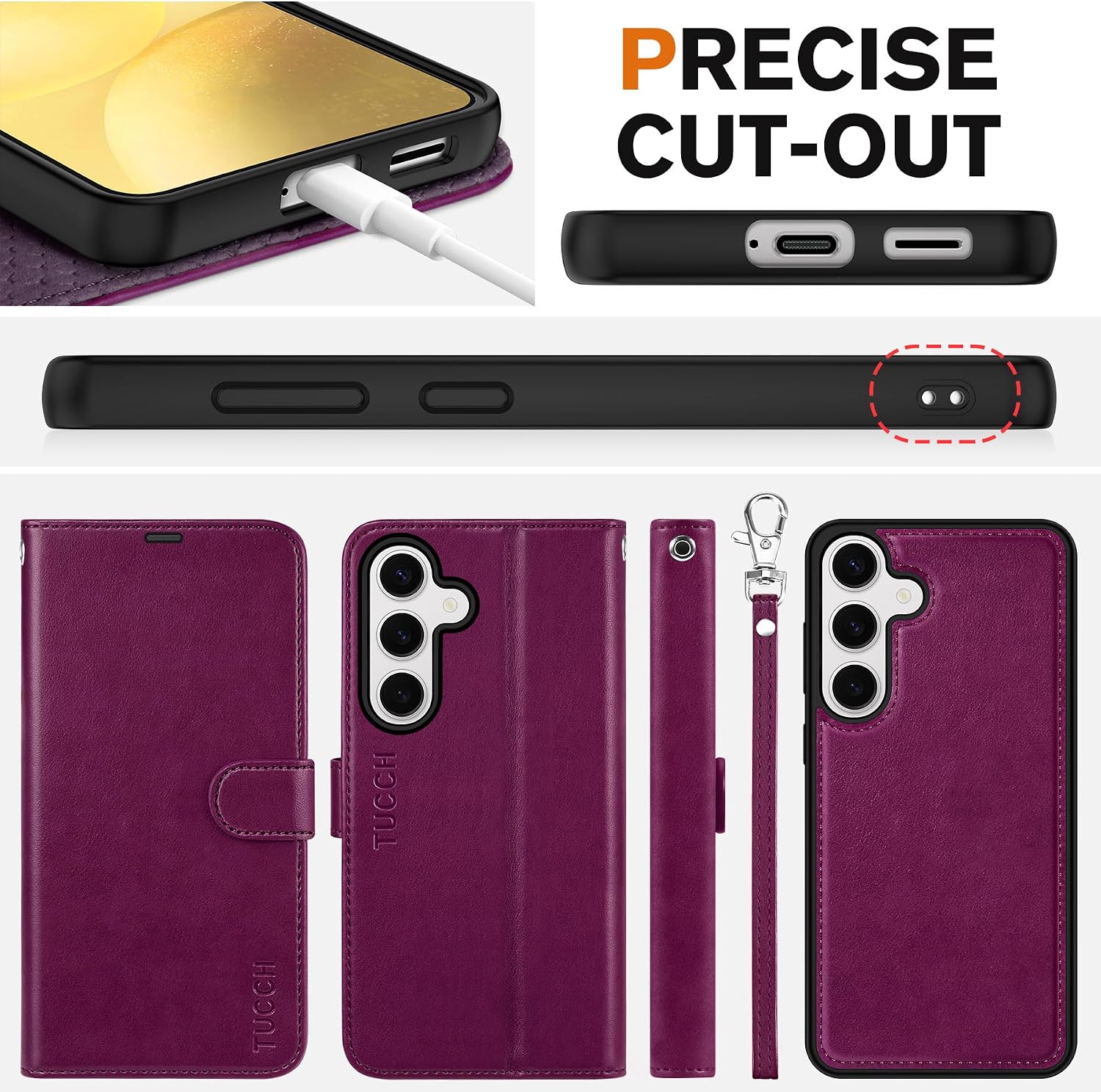TUCCH Case for Galaxy S25, [Detachable] 2 in 1 Magnetic PU Leather Wallet Case Wrist Strap RFID Blocking Wireless Charging 4 Card Slot Kickstand Removable Flip Folio Cover for Galaxy S25, Plum Purple