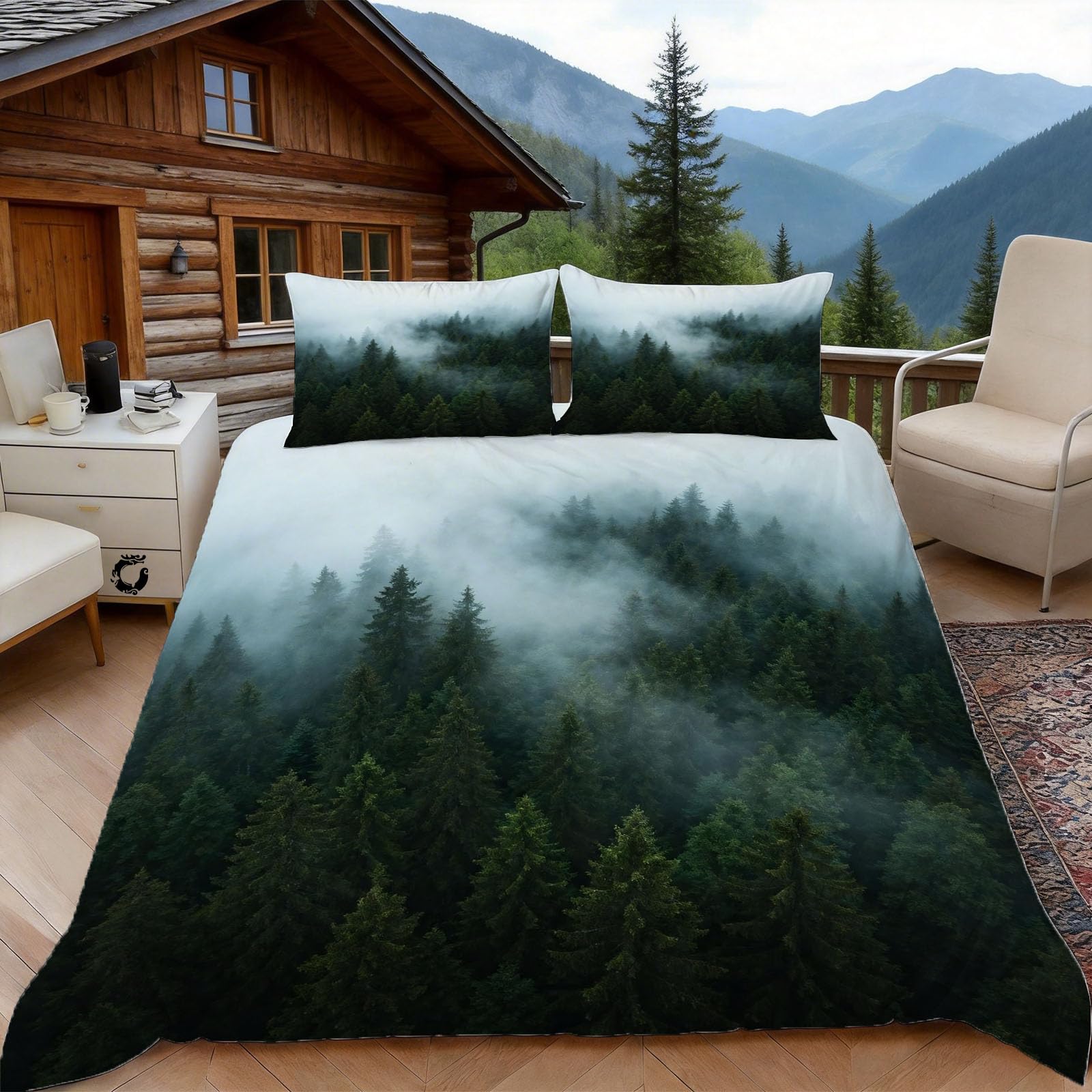 Parure de lit paysage forêt 220x240 haut de gamme en microfibre avec taies zippées 65x65
