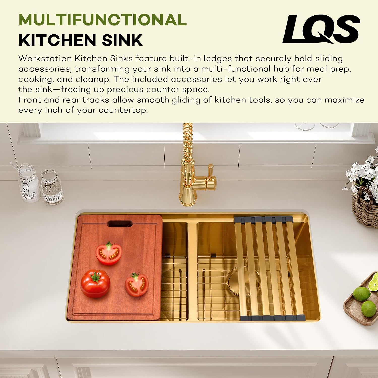LQS Gold Kitchen Sink 30 Inch, 30” x 18” Stainless Steel Undermount Kitchen Sink, 50/50 Double Bowl with Sapele Cutting Board, Sink Grids, Sink Strainers and Fordable Roll-Up Drying Rack