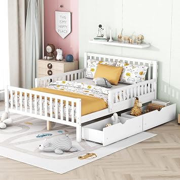 Full Size Kids Bed with Simple Headboard & 2 Under-Bed Drawers | Full Size Wooden Platform Bed Frame with Safety 3-Side Guardrails for Kids Room Living Room, No Box Spring Needed, White