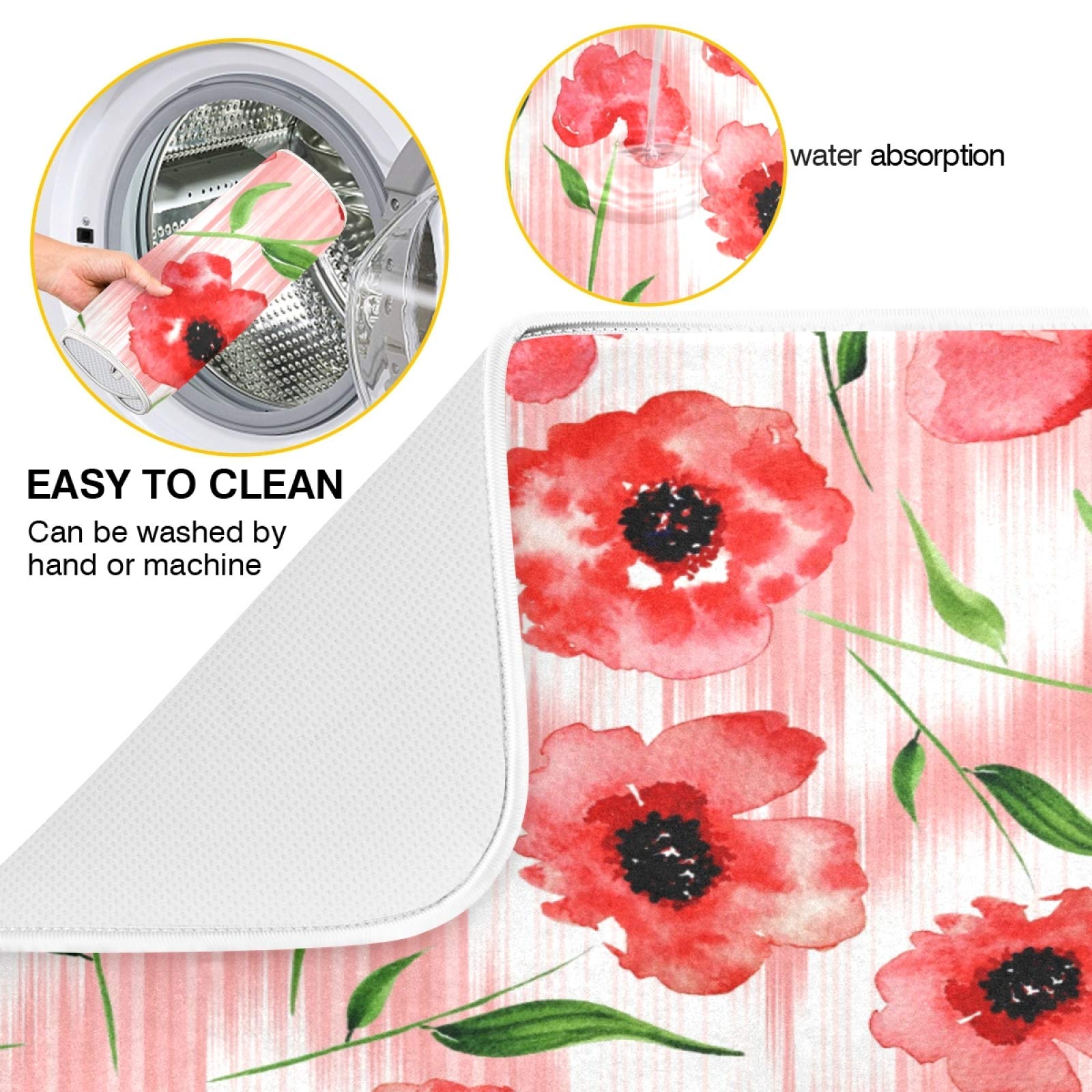 Tapis égouttoir à Vaisselle Absorbant - 40.6x45.7 Cm, Motif Coquelicots, Dos Antidérapant, Lavable En Machine