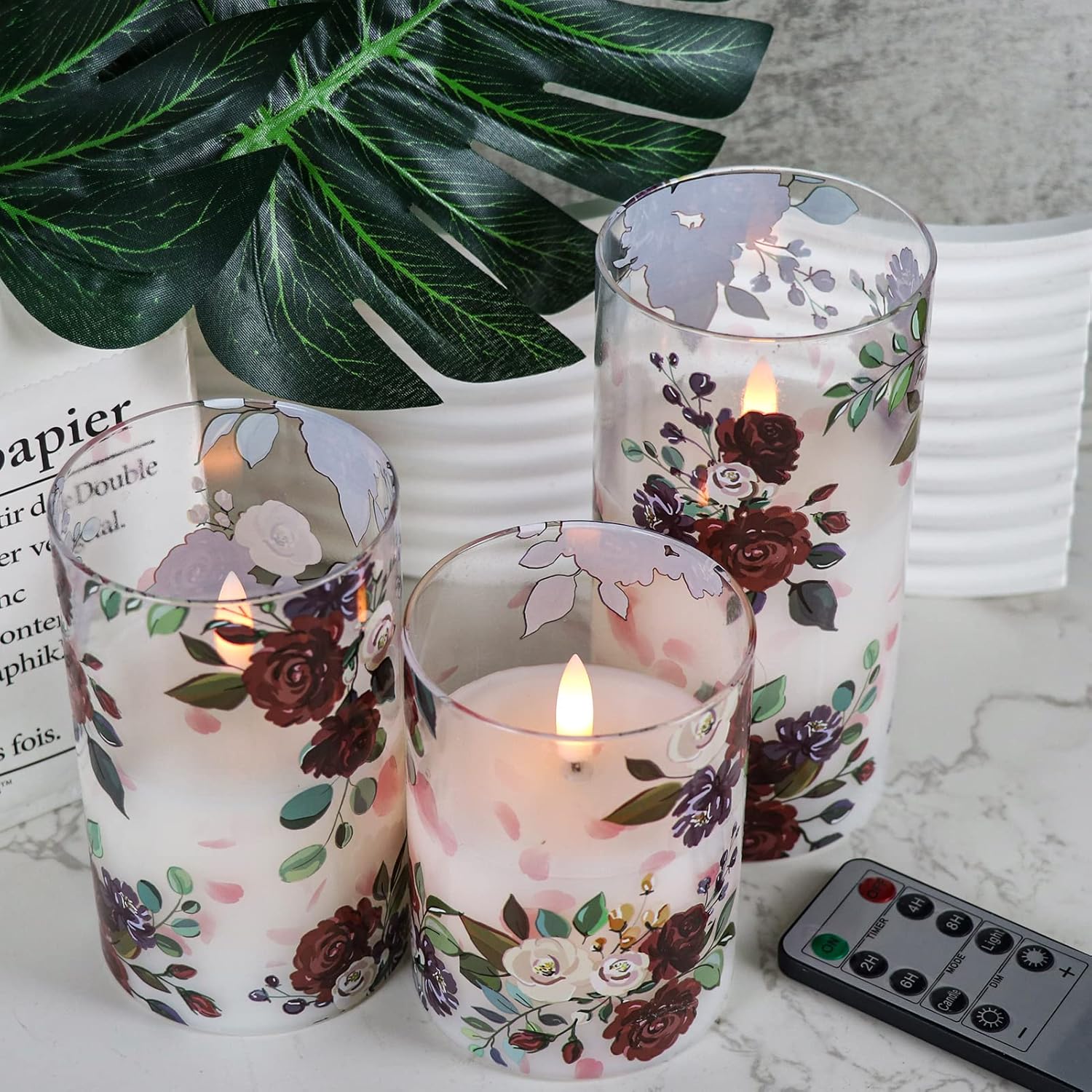 DRomance Battery Operated Glass Flameless Candles with Remote and Timer Real Wax 3D Wick Flickering Rose LED Pillar Candles Wedding Dinner Christmas Holiday Decor D3 x H4, 5", 6"