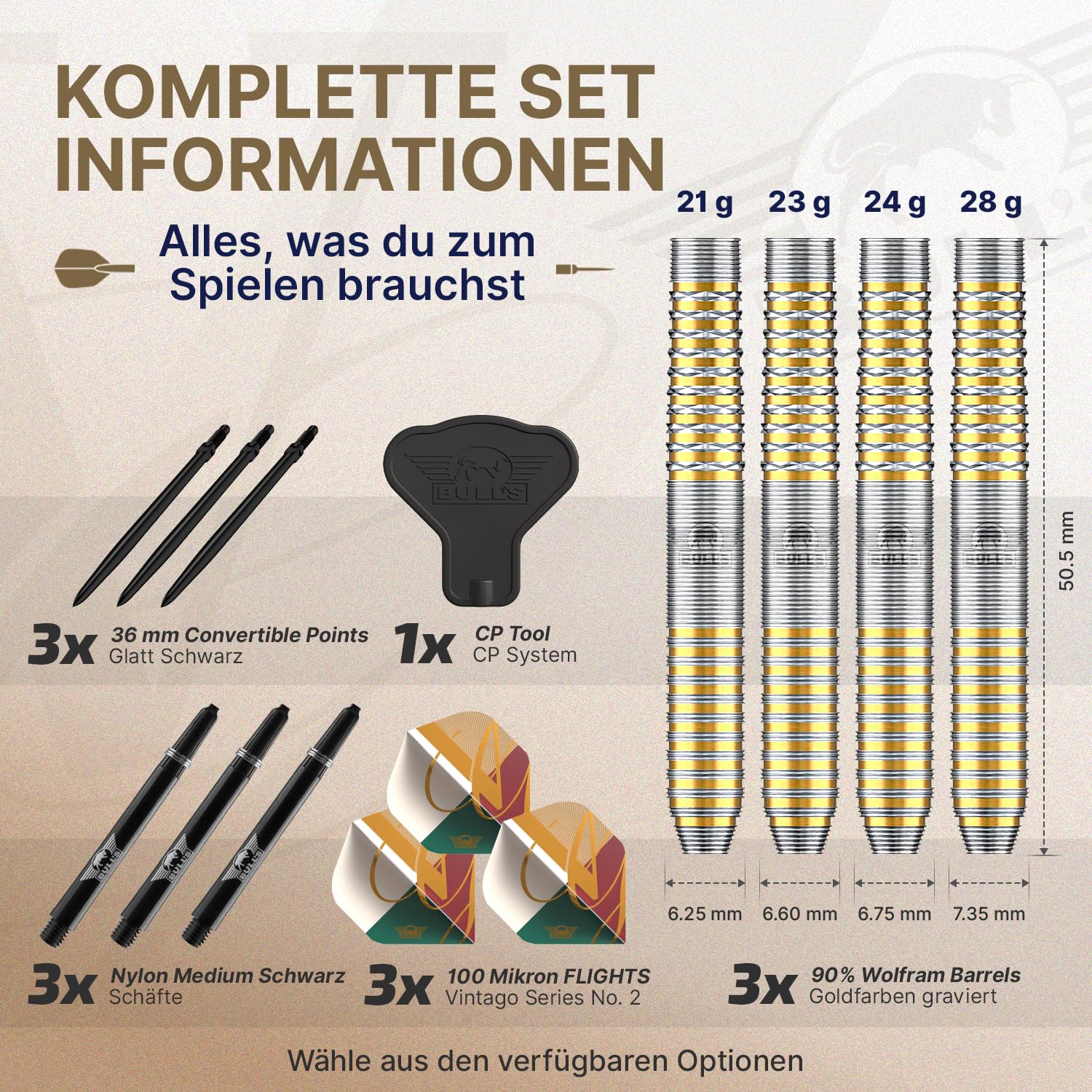 Bull's Vintago Ghost 90% Tungsten Steeldarts - Dartpfeile Metallspitze mit Micro, Ring und Delta Grip für konstante Kontrolle - CP Point System, Tropfenform, 21g/23g/24g/28g, 3er Darts Set