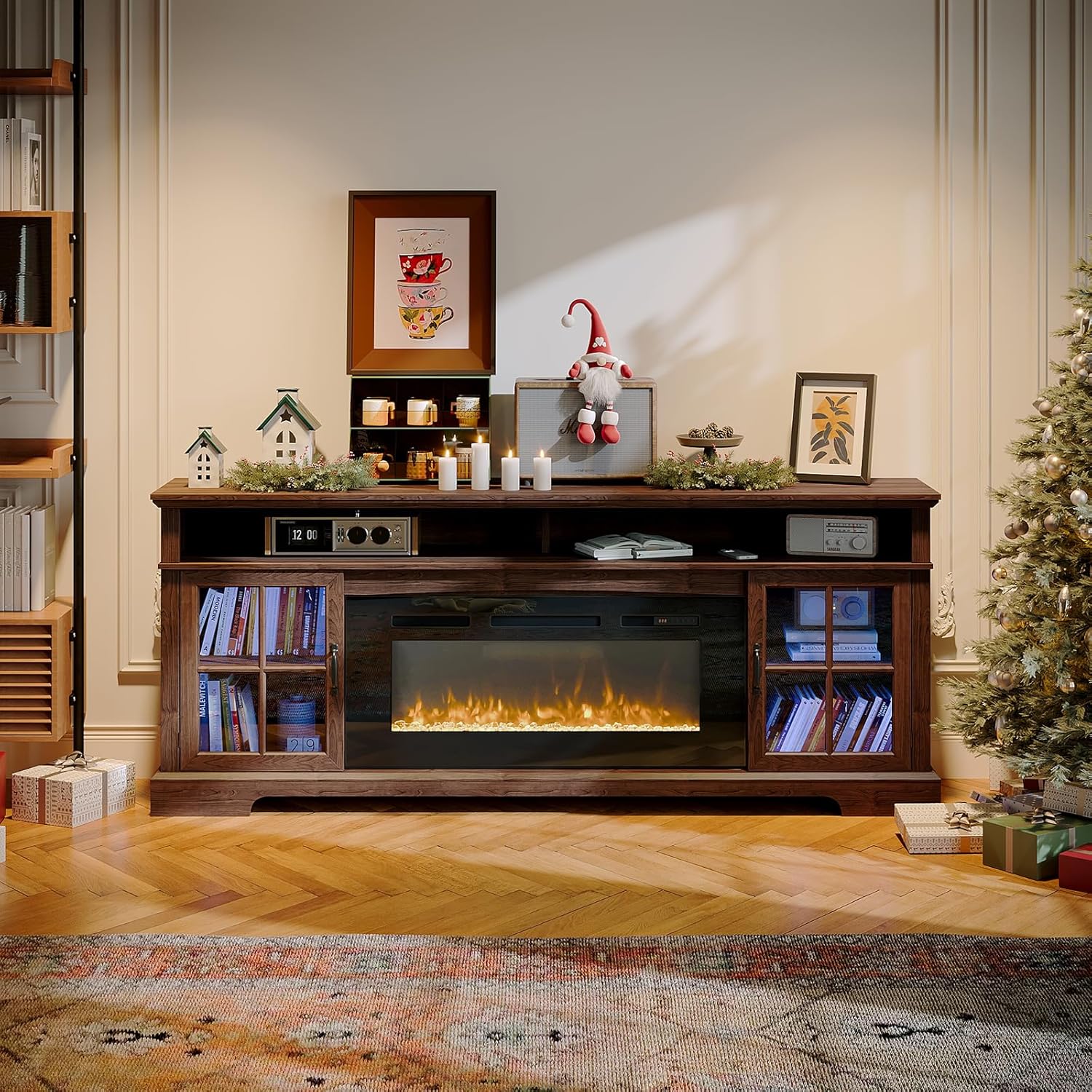 70" Fireplace TV Stand, Modern Entertainment Center for TVs Up to 80”, TV Console with Storage Cabinets, Media Console for Living Room, Brown TV Stand and Black Fireplace - Image 9