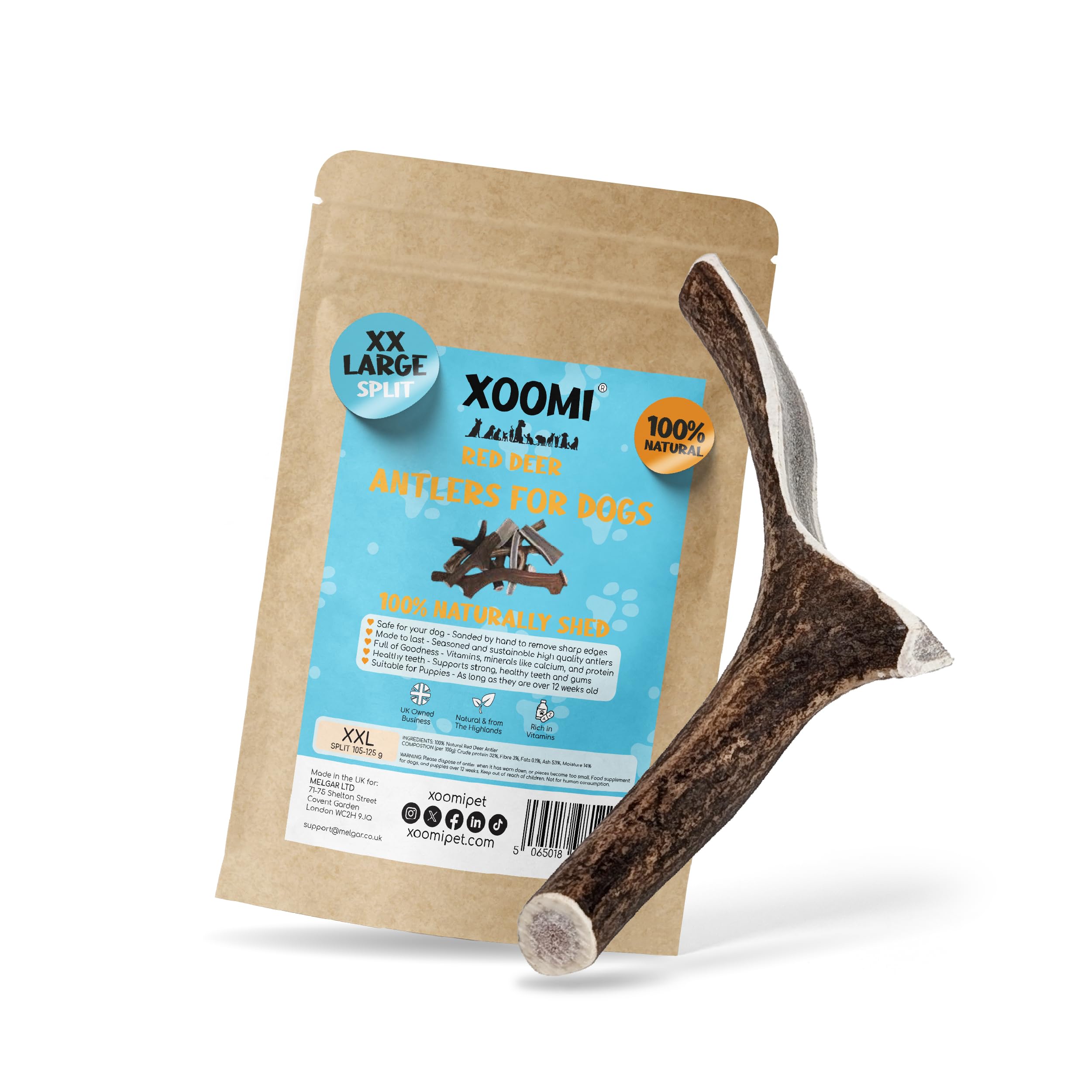 XOOMI Red Deer, Split Antler Chew for Very Large Dogs (105-125g), Durable, Natural Chew for XXL Breeds