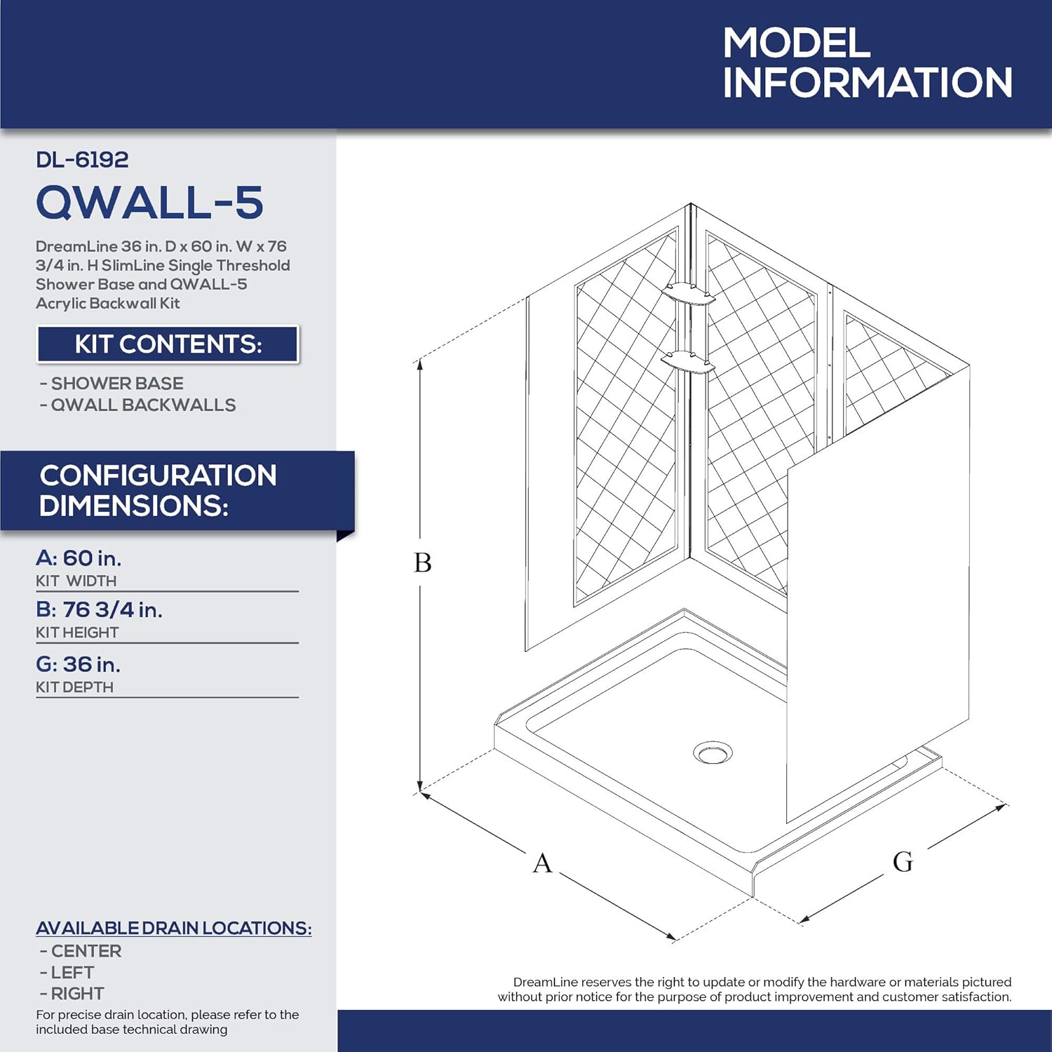 DreamLine 36 in. D x 60 in. W x 76 3/4 in. H Left Drain Acrylic Shower Base and QWALL-5 Backwall Kit In White, DL-6192L-01