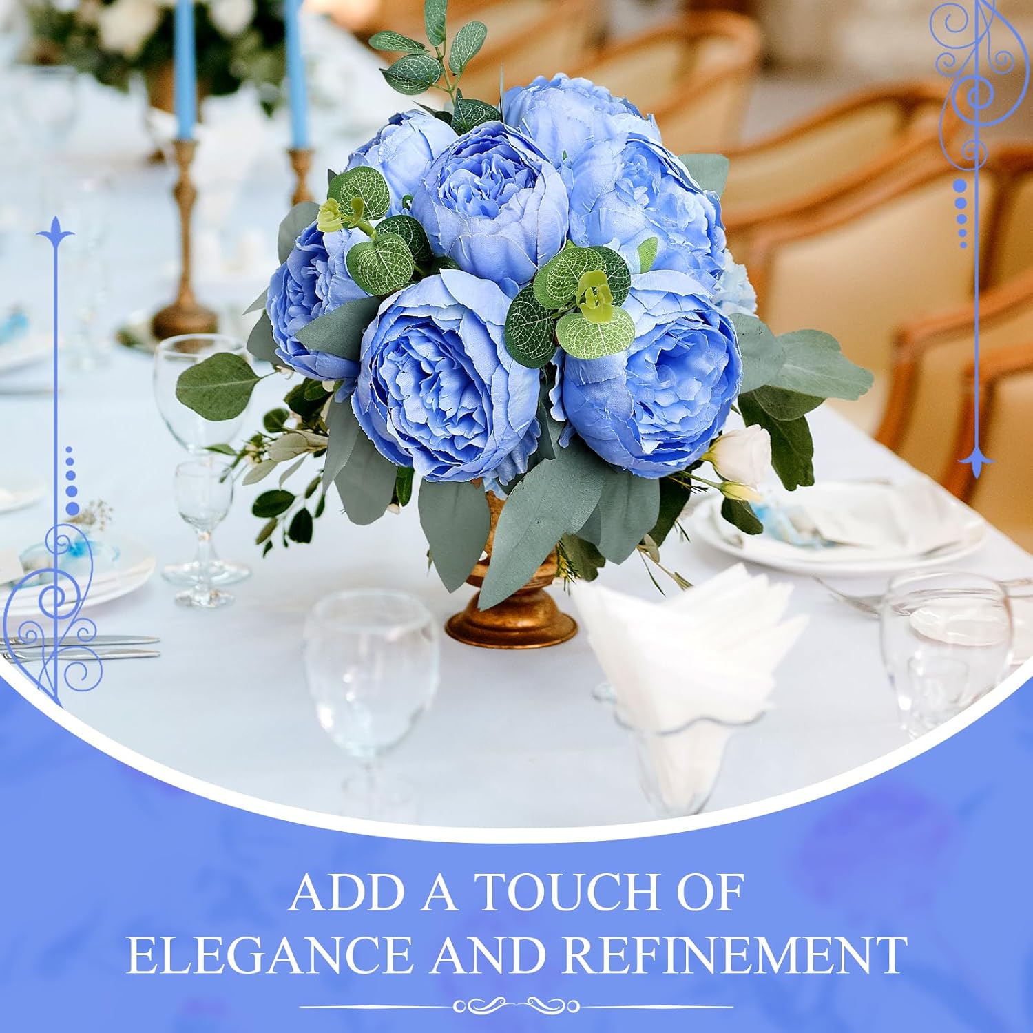 50Pcs Artificial Peonies Flowers Bulk, 4’’ Blue Peonies Fake Flowers Heads for Table, Faux Silk Peony Arrangements for Wedding, Valentine, Engagement, Office, Coffee, Dining Decorations(Blue)