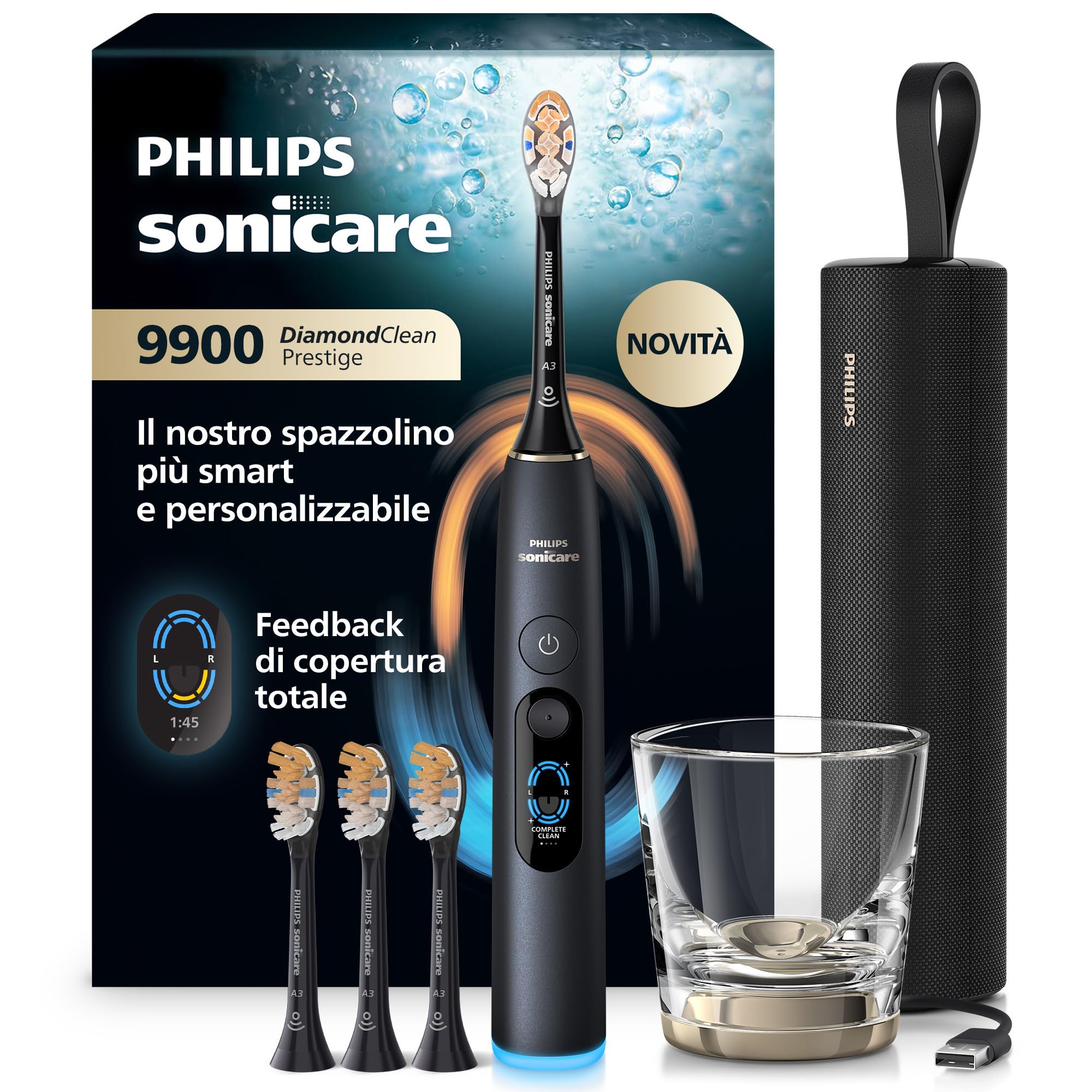 Philips Sonicare Next-Generation DiamondClean 9900 Prestige Spazzolino elettrico - con SenseIQ, Feedback di copertura totale, Feedback di pressione, 24 impostazioni, nero quarzo, HX9815/92