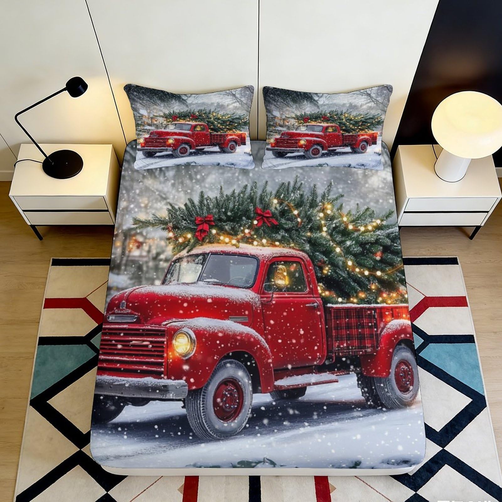 3D Printed Red Christmas Truck Fitted Sheet Microfiber Soft Snowy Pine Tree Bed Cover for Bedroom Guestroom Decor 90x200x25cm