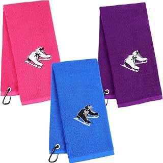 VitalCozy 3 Pcs Ice Skating Towels Funny Christmas Figure Skate Gifts | Cotton Absorbent, Pink Purple Blue, Embroidered Skate Design with Carabiner Clip, for Xmas Skate Lovers Player Team Gifts