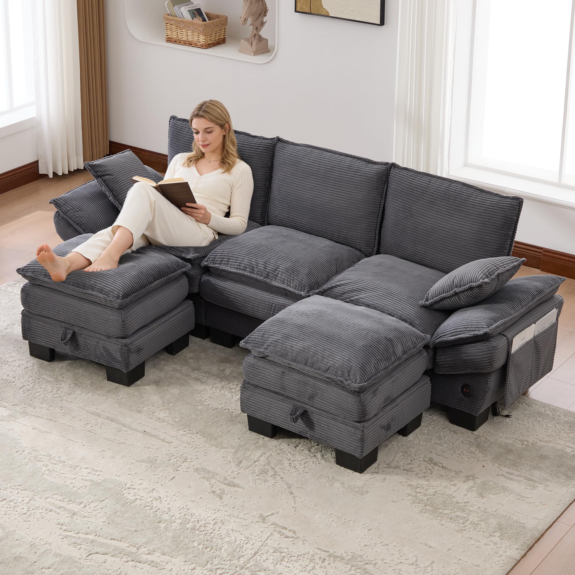 Generisch Modułowa 3-osobowa sofa ze sztruksu z 2 taboretami USB-C ciemnoszara