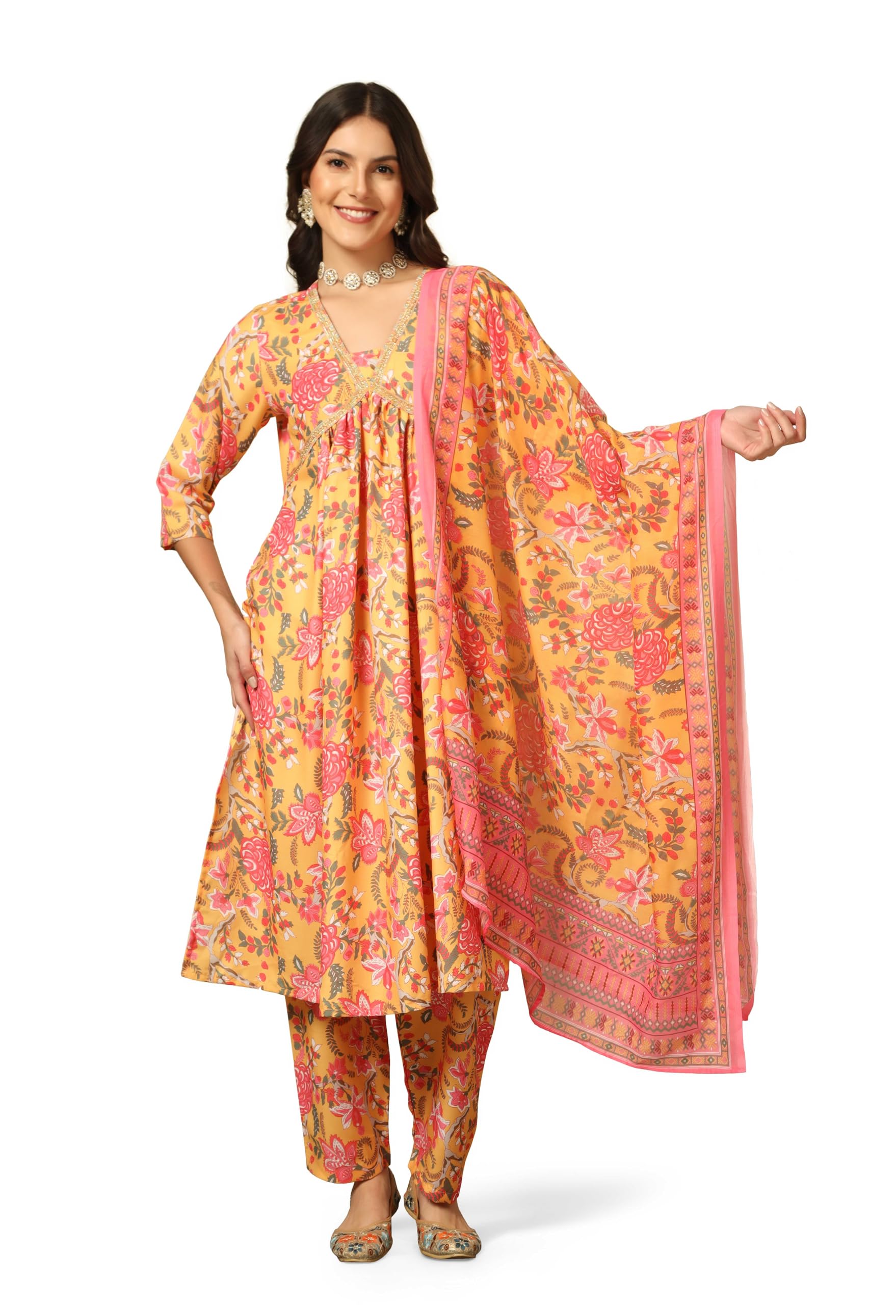 Greciilooks Women Semi Cotton Alia Cut Regular Fit Kurta Set (Yellow, Large)