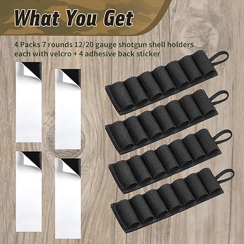 Miniatura 25 de Paquete de 4 soportes para 7 escopetas redondas o calibre 12/20 60 redondas tácticas de escopeta bandolier ajustable, 2 piezas opcionales 7 soportes