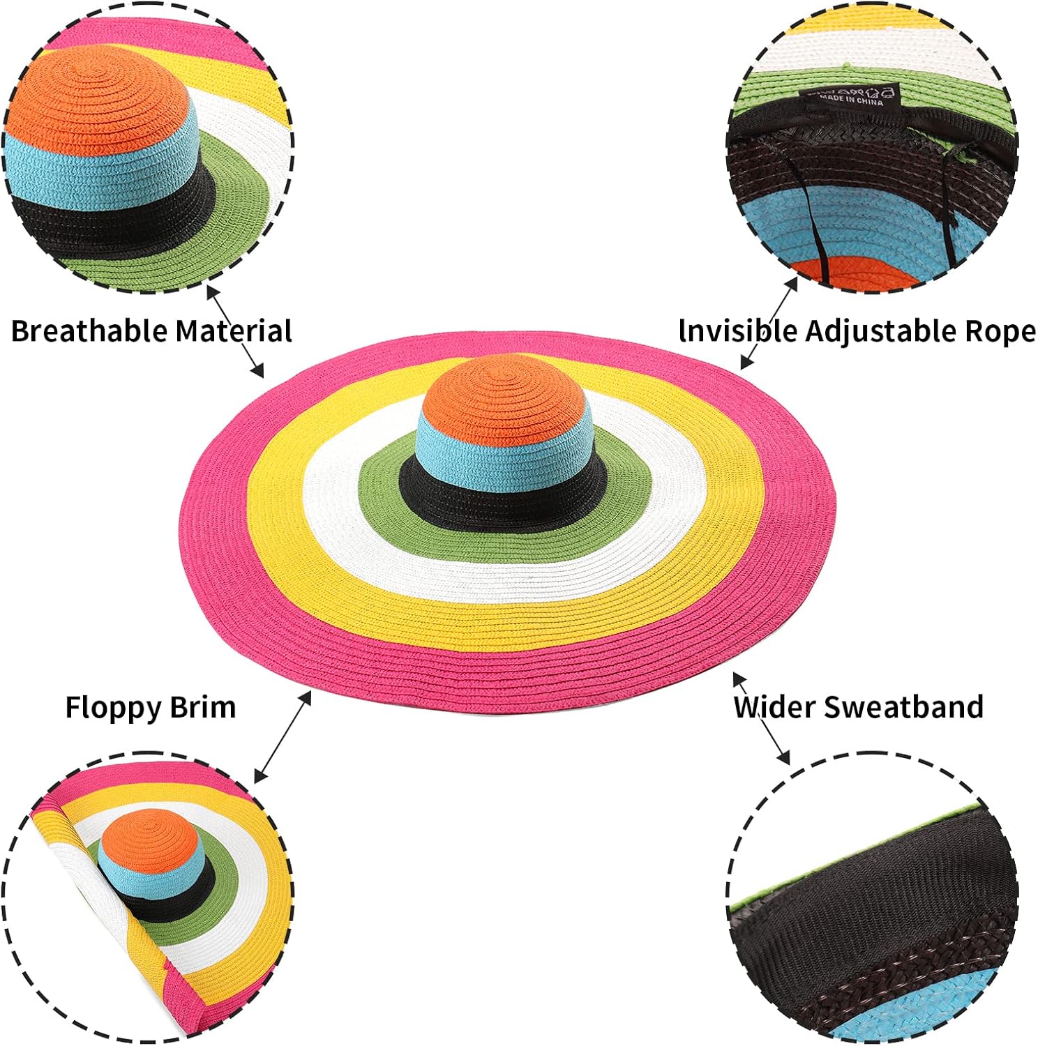 オーバーサイズ ビーチストロー サンハット 女性用 大きい ワイドブリム サンバイザーハット 夏 フロッピー 折りたたみ式 ロールア