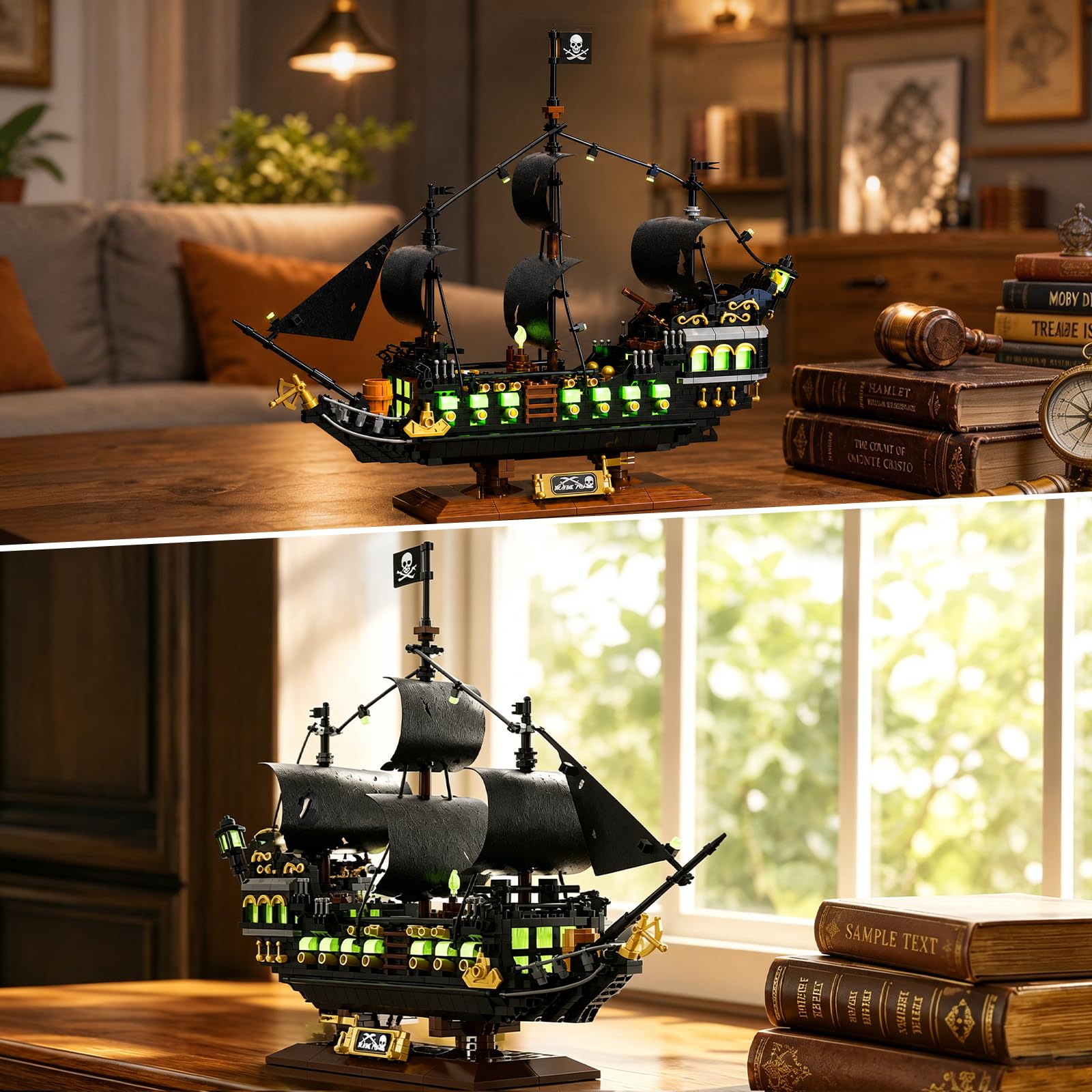 Set di mattoncini Nave Pirata Luminosa | modello notturno decorativo per adulti, kit creativo regalo per ragazzi e ragazze a partire da 14 anni (1576 pezzi)