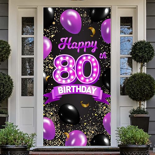 Miniatura 8 de Cartel de feliz cumpleaños 85 morado y negro, decoración temática de globos de confeti de 85 años para mujeres, decoraciones de fiesta de cumpleaños