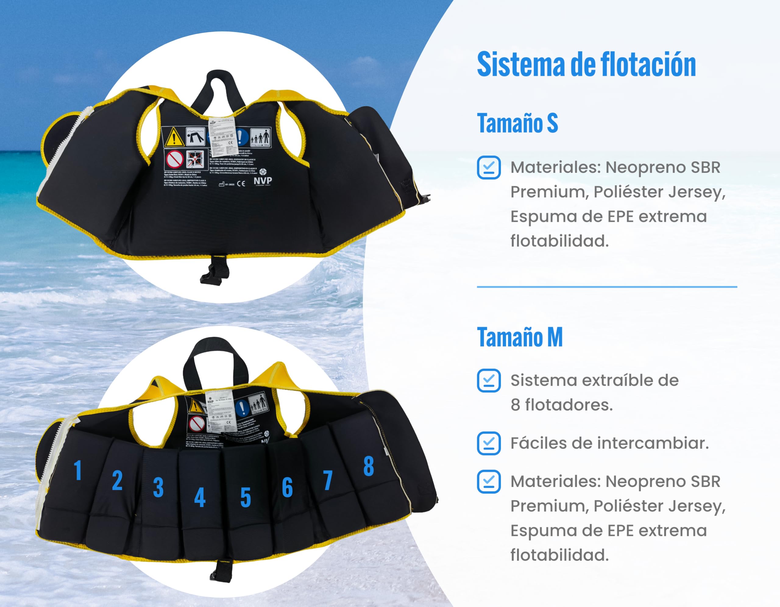 Chaleco de Natación Infantil de Neopreno NVP para Bebés y Niños 1-6 Años - Chaleco Flotador Ajustable con 8 Paneles de Flotación
