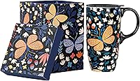 Vista 1 de Topadorn Taza de café de cerámica Taza de té de porcelana con tapa y caja de regalo 17oz, flor y mariposa