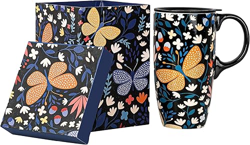 Topadorn Taza de café de cerámica Taza de té de porcelana con tapa y caja de regalo 17oz, flor y mariposa