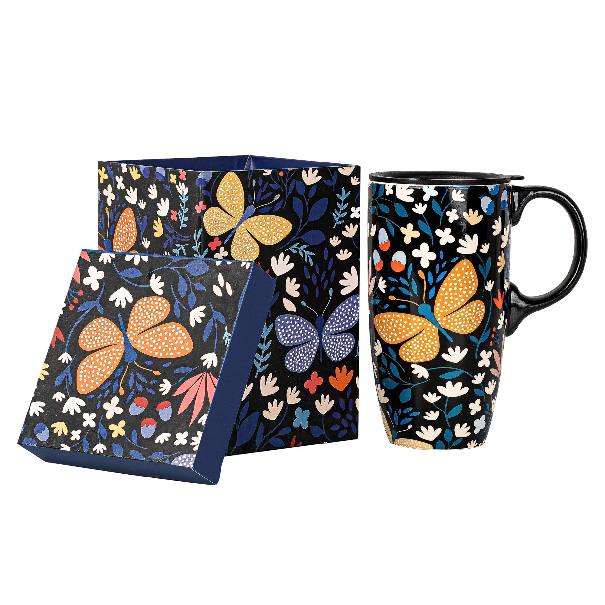 TopadornCeramic Travel Mug with Handle, Splash-Resistant Slider Lid, Perfect for Coffee and Tea, Microwave & Dishwasher Safe, Butterfly Flower Tea Mug Mother's Day Gift
