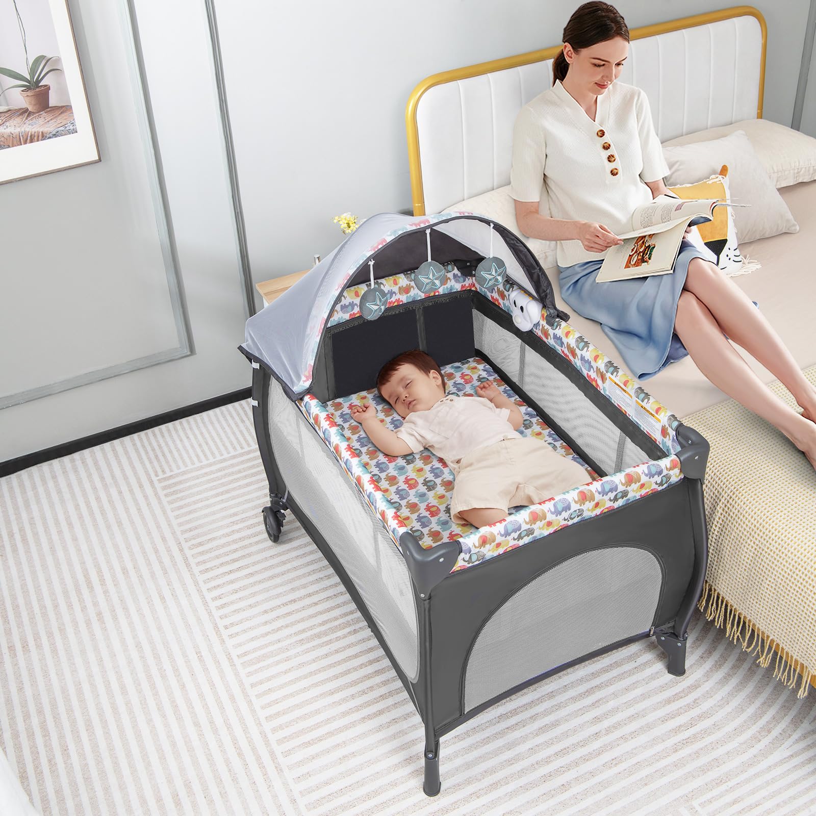 RELAX4LIFE 4 in 1 Lettino da Campeggio per Neonati, Culla da Viaggio con Fasciatoio, Baldacchino Retrattile con Zanzariera, Adatto a Bambini da 0 a 36 Mesi (Elefanti Colorati)
