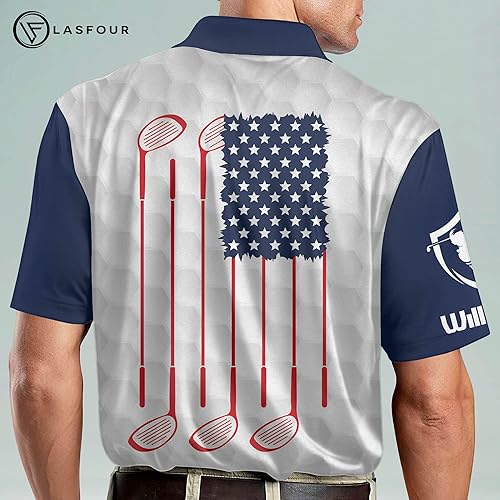 Miniatura 5 de LASFOUR Polo de golf personalizado divertido para hombre, orgulloso de golf, bandera estadounidense, polo patriótico 3D de golf para hombre
