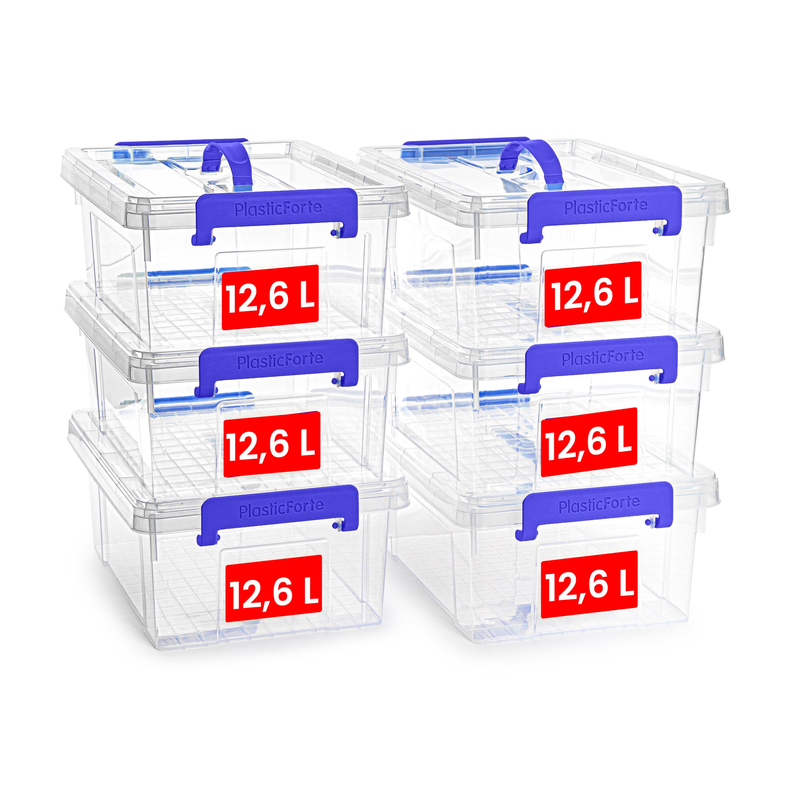 PlasticForte – Pack de Cajas de Almacenamiento con Asa de Transporte - Plástico Resistente, Apilables, Transparentes - Organizador (Azul, Pack 6, 12.6, Litros)