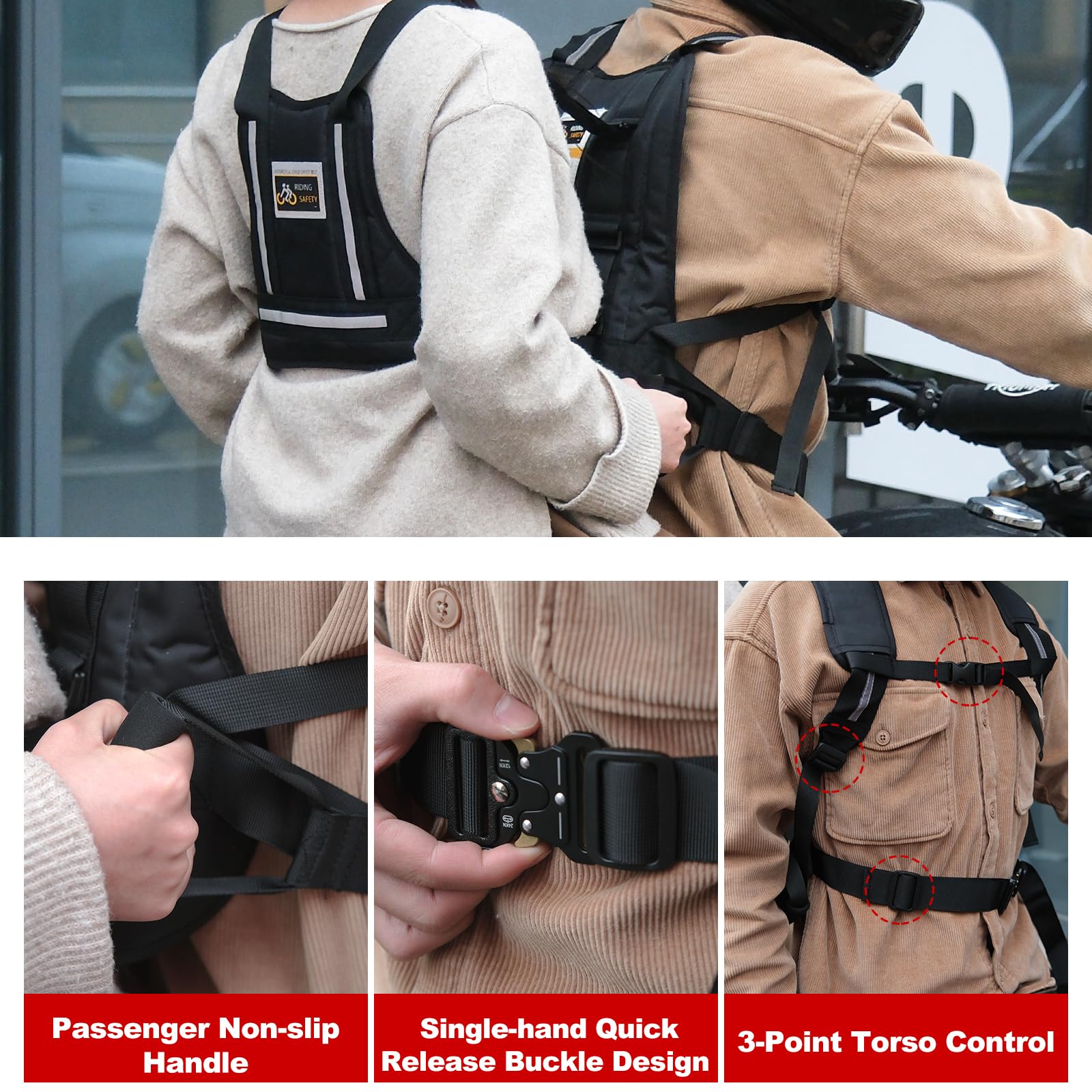Harnais de sécurité amélioré pour moto pour enfants et adultes – Design réglable – Poignées antidérapantes avec boucles en métal