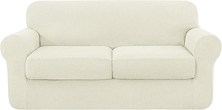 SUBRTEX 3 Piece Sofa Cover High Stretch Couch Slipcover for 2 Cushion Soft Sofa Slipcover Loveseat Cover Jacquard Fabric Furniture Covers with Elastic Bottom Machine Washable(Ivory,Loveseat)