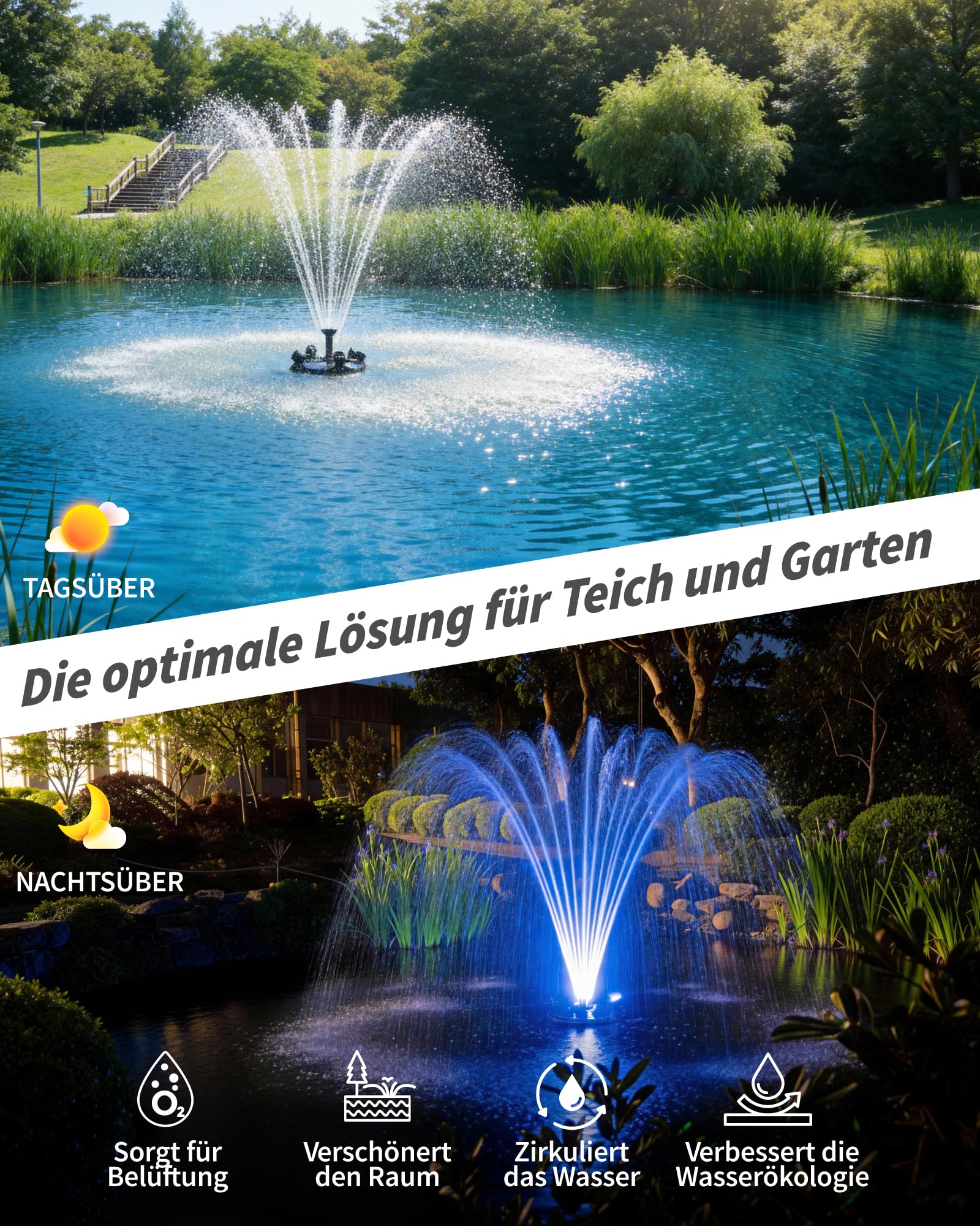 POPOSOAP Schwimmende Teichfontäne & Belüftung Komplett-Set mit LED-Leuchten, 6000 L/h Hochleistungs-Wasserpumpe, 9m Stromkabel, 3 Spritzmuster für Teiche, Pools, Seen & WasserGärten