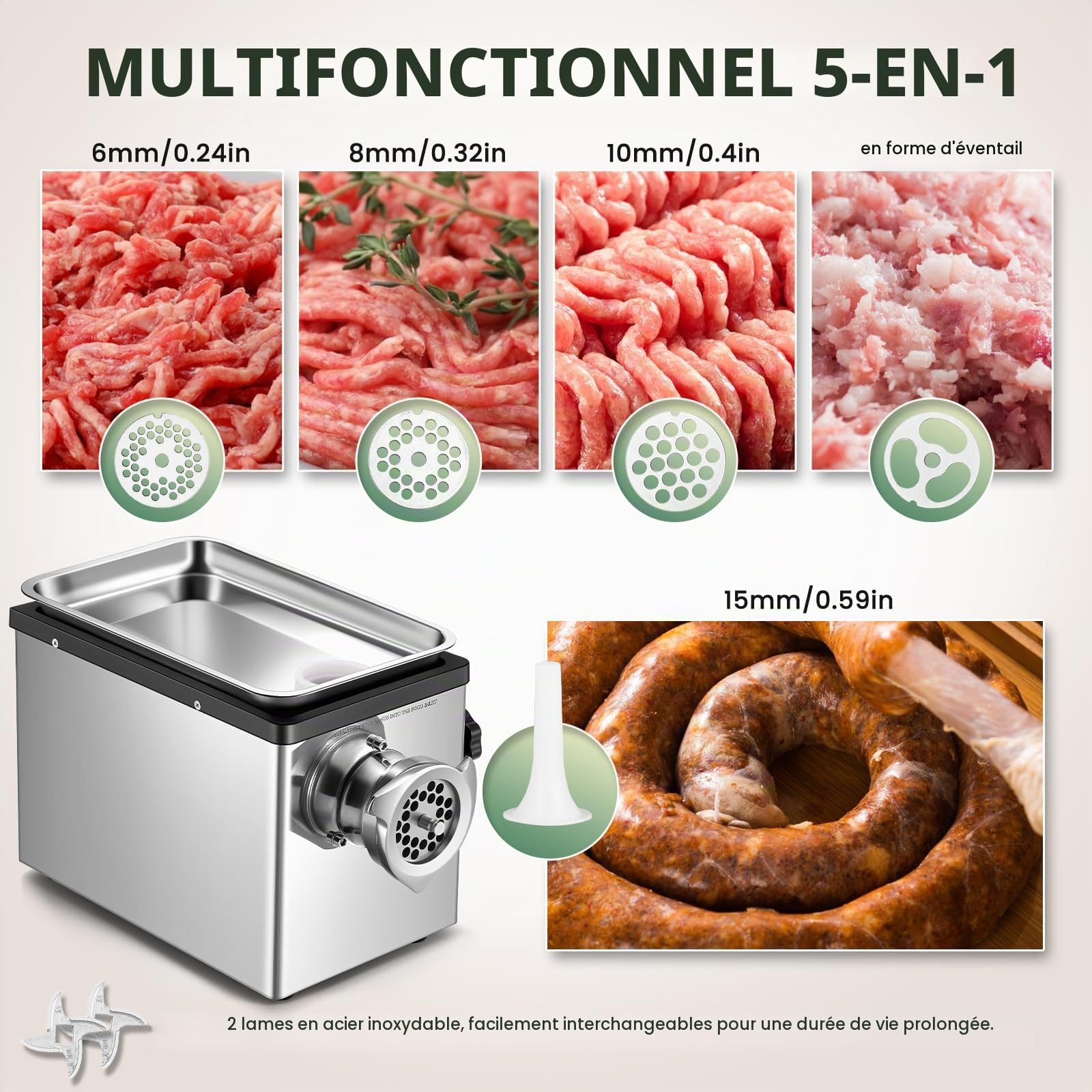 Huanyu Hachoir Électrique Hachoir a Viande Electrique Commercial 1100W Multi-fonctions Hachoir a Viande avec Poussoir a Saucisse Hachoir Électrique Viande avec 2 Lames et 4 Plaques de Coupe