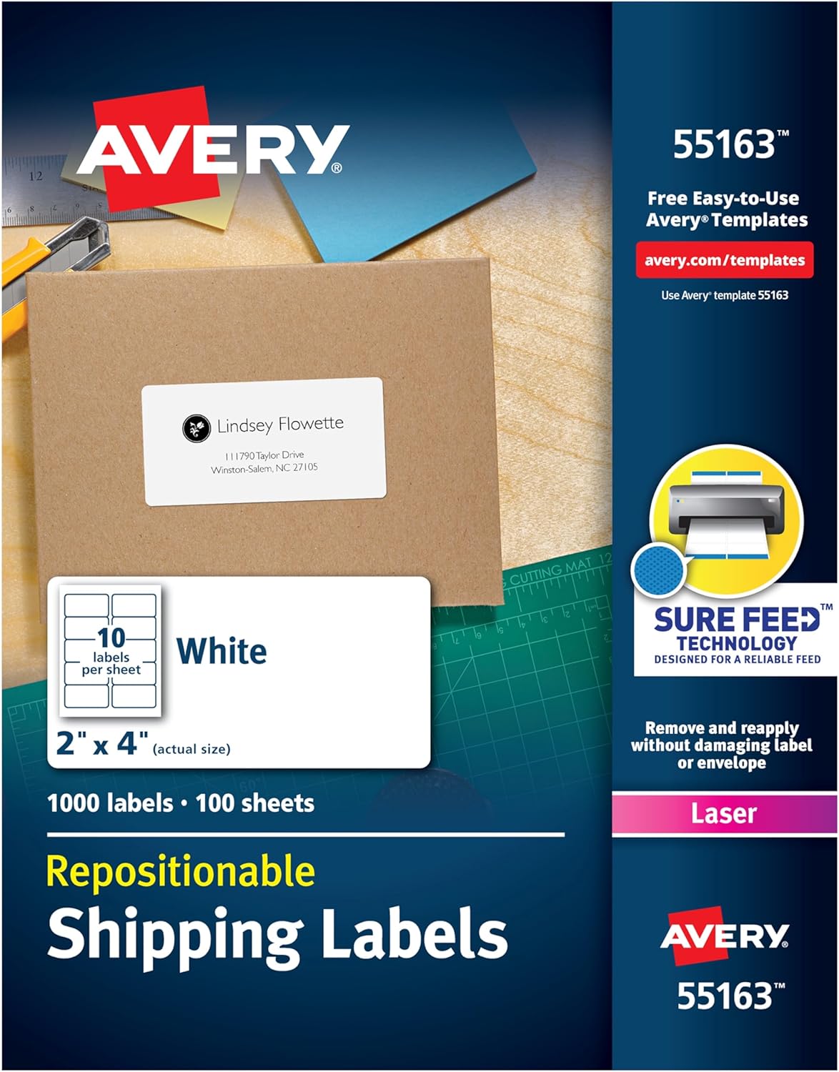 Avery Repositionable Shipping Labels product packaging showing 1000 labels, 100 sheets, 2x4 inch size, and laser printer compatibility.