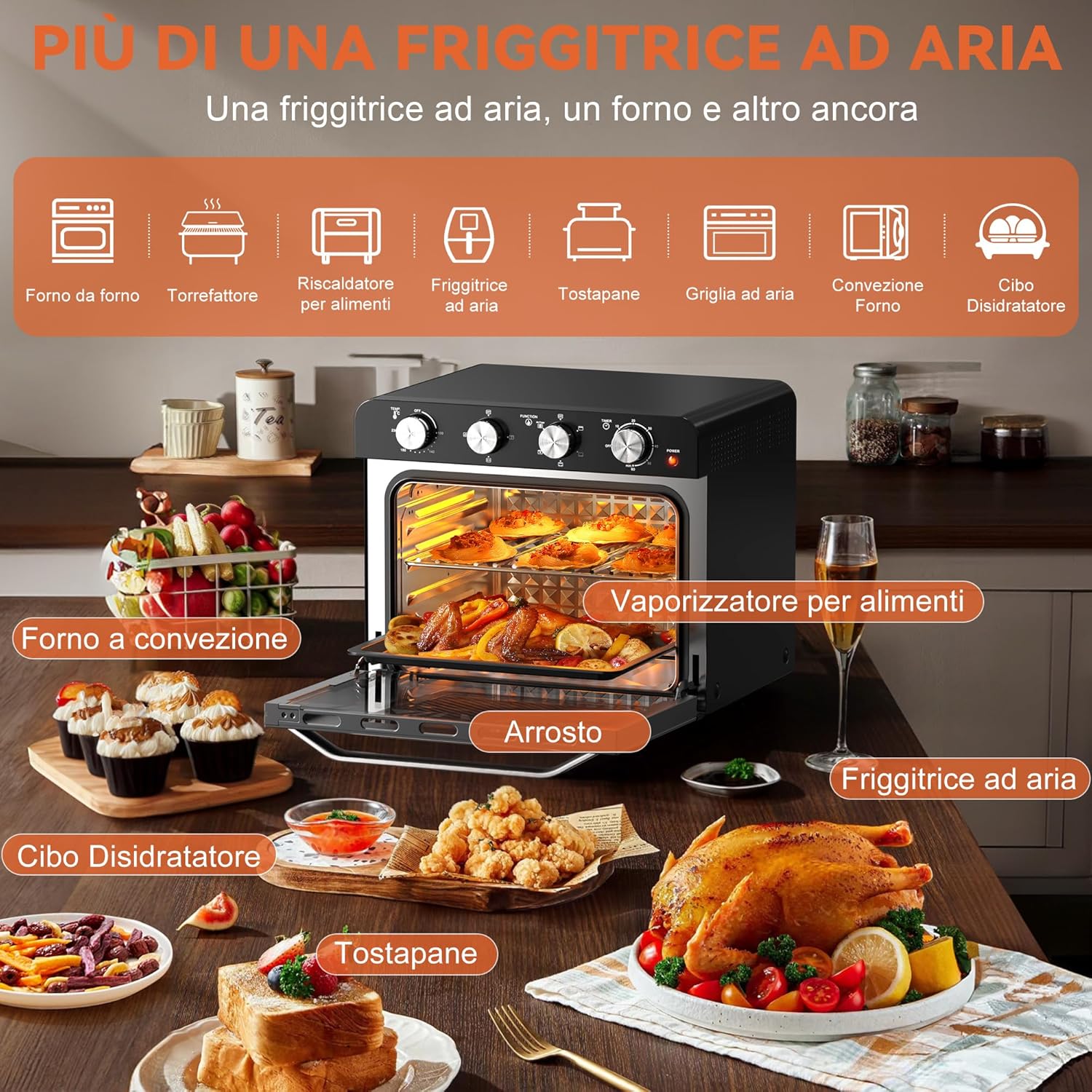 Diagram illustrating the 6-in-1 functions of the Karinear Air Fryer Mini Oven.