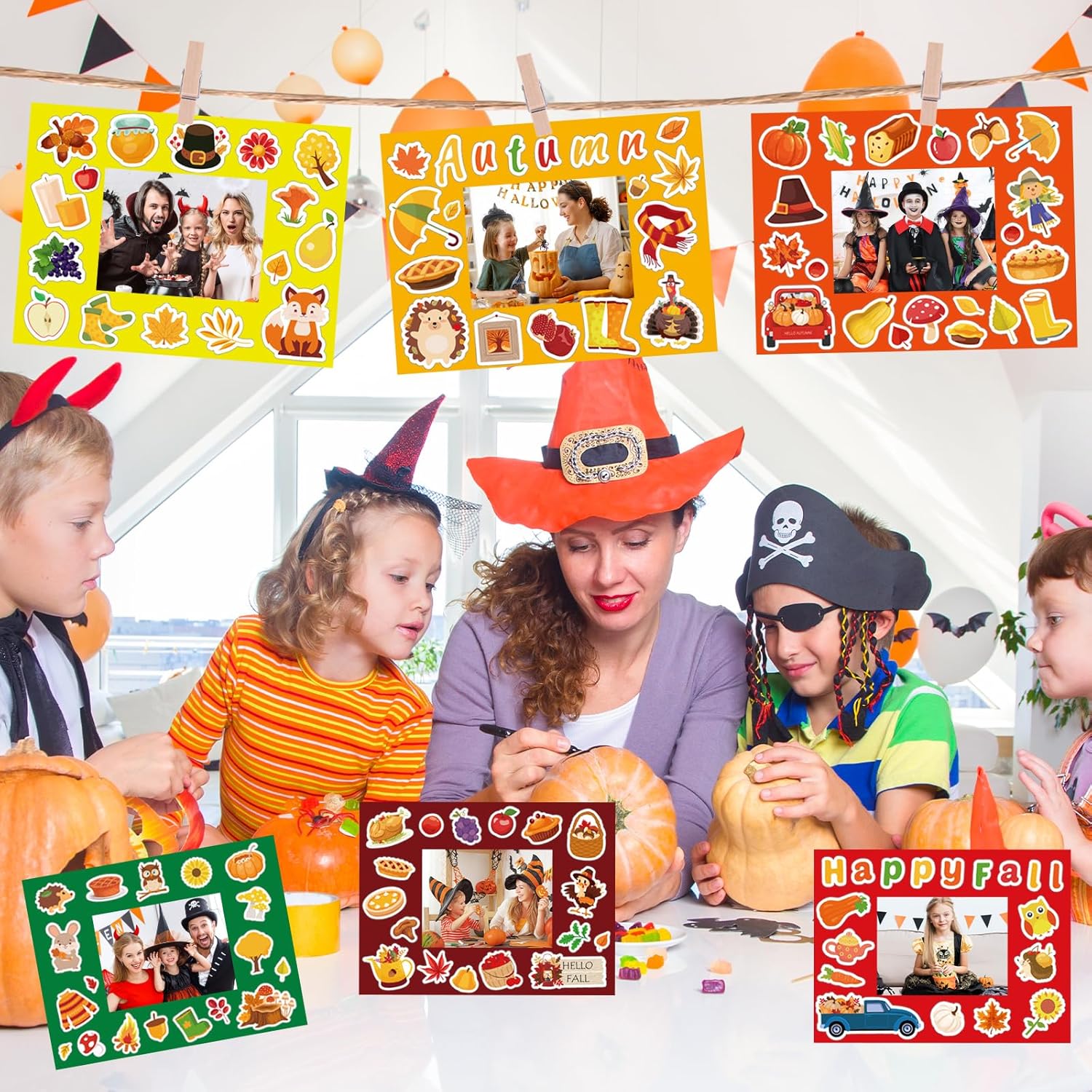 Winmany 72-Piece Thanksgiving Halloween DIY Photo Frame Craft Kit Holiday Picture Frame Set with Stickers and Clips for School Art Project Family Activities