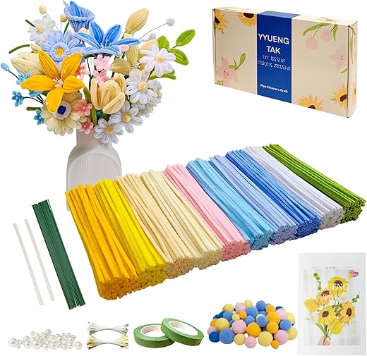 YYUENG TAK 500 Pcs Dopamine Colors Pipe Cleaners Flower kit,Chenille Stems for DIY Art Projects Creative Gift,Pipe Cleaners Craft with tutoria,Pearls,Pompoms,Green Floral Wires,Gardening Tape,Stamen