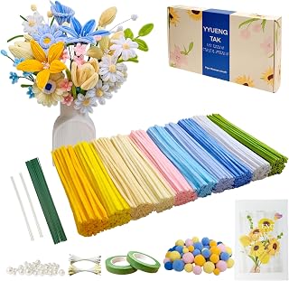 500 Yellow & Blue Pipe Cleaners Flower kit(Candy-Colored),Chenille Stems for DIY Art Projects Creative Gift,Pipe Cleaners Craft with tutoria,Pearls,Pompoms,Green Floral Wires,Stamen