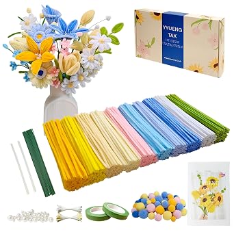 500 Yellow & Blue Pipe Cleaners Flower kitCandy-Colored,Chenille Stems for DIY Art Projects Creative Gift,Pipe Cleaners Craft with tutoria,Pearls,Pompoms,Green Floral Wires,Stamen