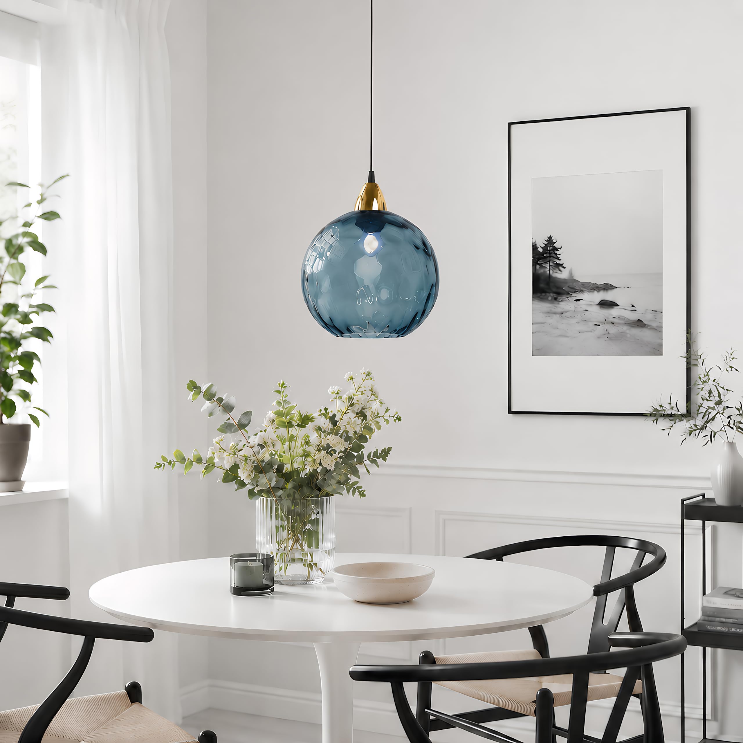 15cm/5.9'' Lampada a Sospensione a Globo in Vetro Ondulato, Lampadario E27 Vintage Moderno con Dettaglio Dorato, per Isola Cucina, Sala da Pranzo, Camera da Letto, Caffè (Blu scuro)