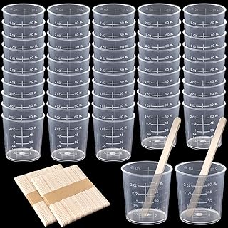 Coopay 50 Pack 60ml/2oz Plastic Graduated Cups Transparent Scale Cups Clear Epoxy Mixing Cups with 100 Pack Wooden Stirrin...