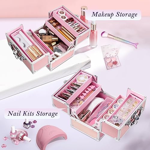 Miniatura 7 de Frenessa Caja de maquillaje portátil para cosméticos, bandejas de 4 niveles, organizador de almacenamiento de joyas con forro rosa bebé con