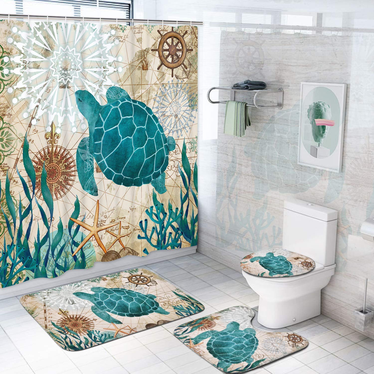 Sea Turtle Shower Curtain Sets with Non-Slip Rugs, Toilet Lid Cover and Bath Mat, Nautical Ocean Shower Curtains with 12 Hook s, Durable Waterproof Bath Curtain