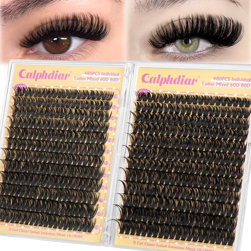 Cílios em tufos calphdiar 60D e 80D, curvatura D, comprimentos de 10 a 18 mm, 480 unidades