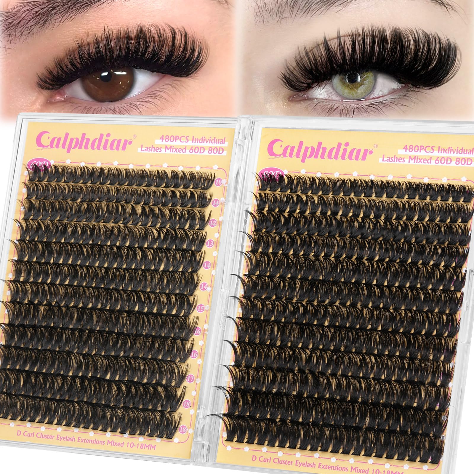 calphdiar Lash Clusters 60D+80D Thick Individual Eyelashes 480PCS Wispy Cluster Lashes Russian Lashes Individual Cluster Fluffy D Curl Eyelash Clusters 10-18mm for DIY Volume Lash Extensions