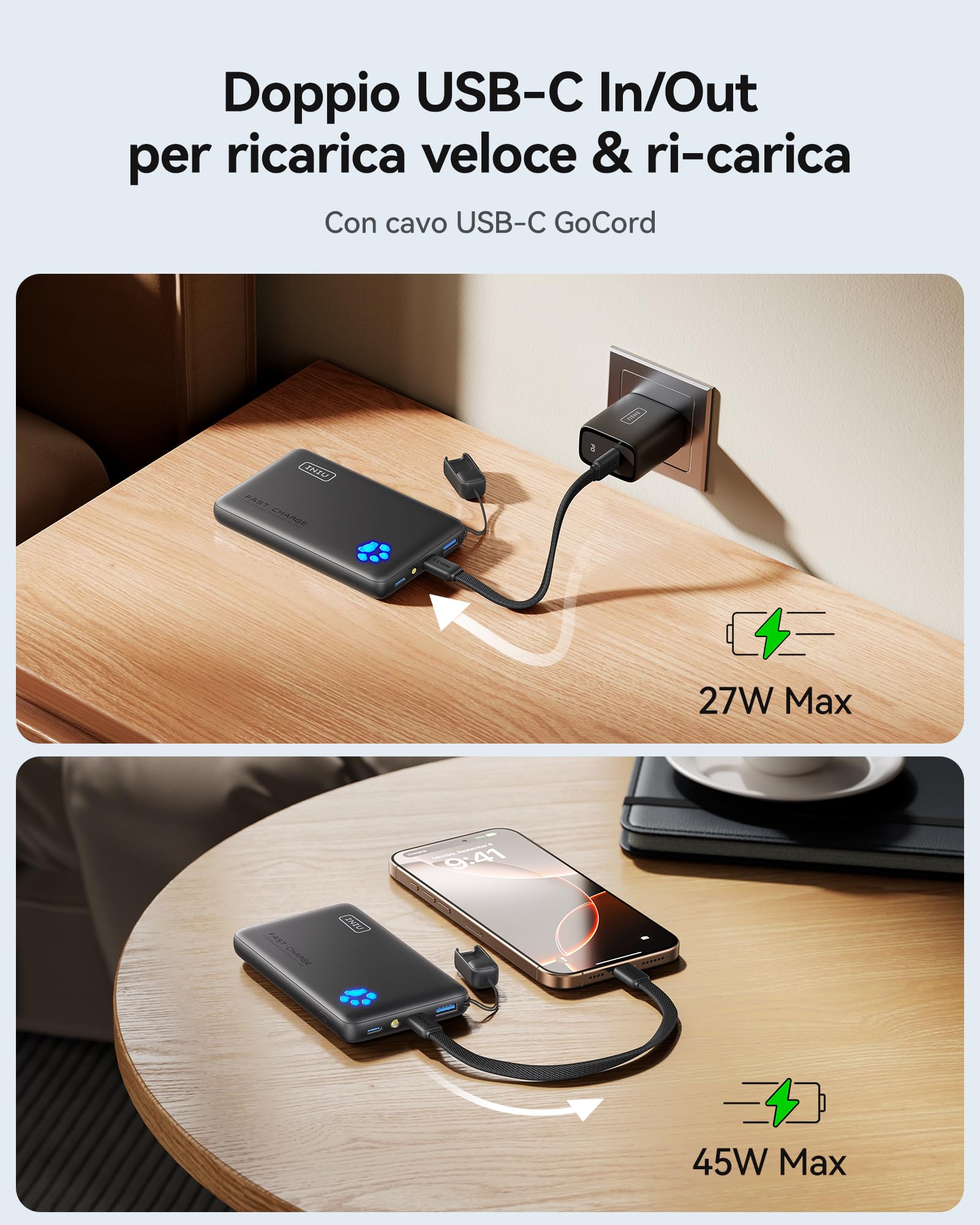 INIU Power Bank, 45W 10000mAh Il Più Leggero Ricarica Rapida Powerbank, PD3.0 QC4.0 USB C Input & Output Caricatore Portatile per iPhone 17 16 15 14 13 Pro Max Mini Plus Samsung Huawei iPad Pro