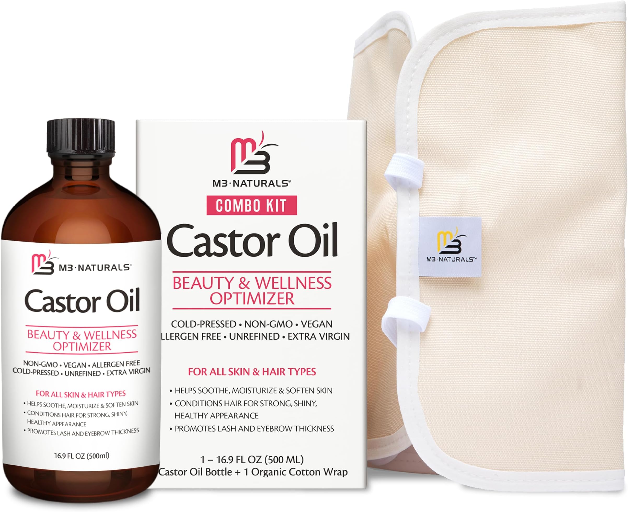 Pure Castor Oil Pack Kit, Large Hexane-Free Cold-Pressed in Glass Bottle with Adjustable Reusable Organic Cotton Wrap for Detox and Wellness (1 of Each) by M3 Naturals