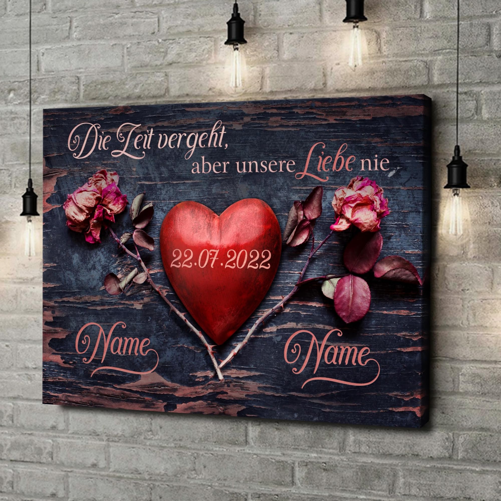 Liebesleinwand Individuelles Wandbild | Jahrestag, Hochzeitstag Geschenke für Frauen | Leinwand mit Namen und Datum gestalten | Unsere Liebe vergeht nie