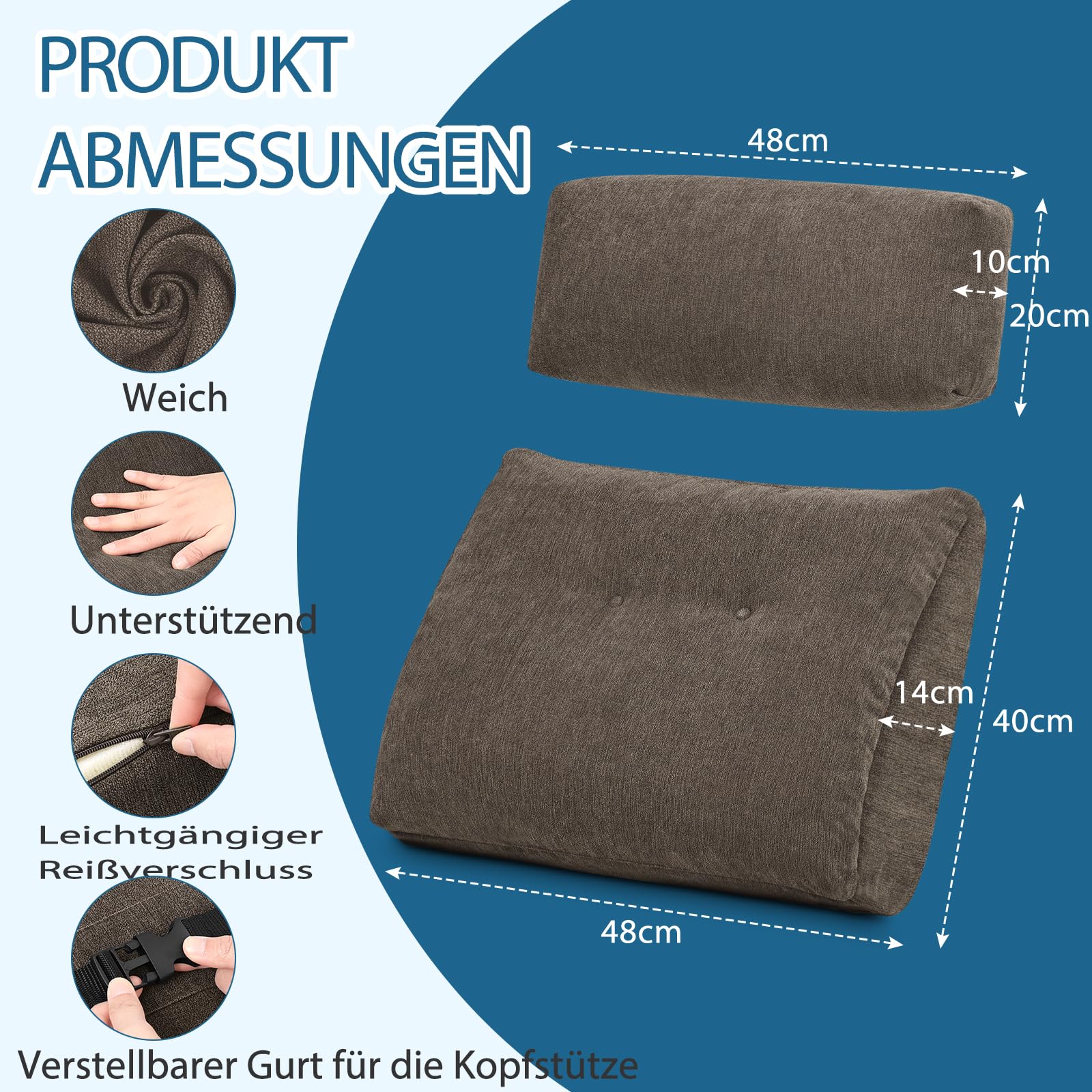 Cojín de apoyo lumbar para sillón reclinable y sofá, 2 piezas, con reposacabezas, diseño de dos capas, color marrón